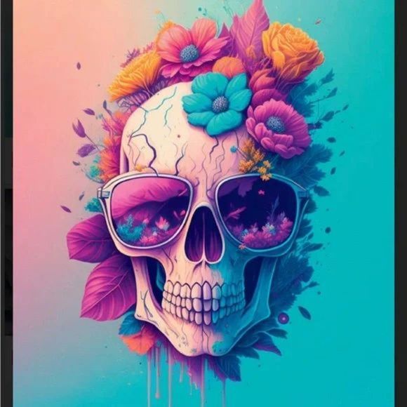 Modern Skull with flowers Illustration Art Print for home decor - Picture 2 of 2